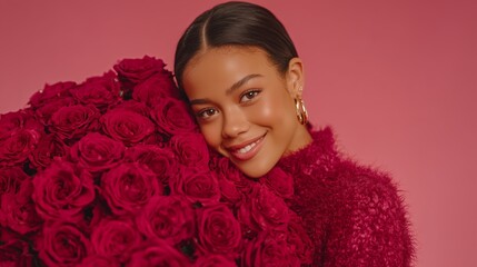 Smiling young woman hugging large bouquet of red roses on pink background