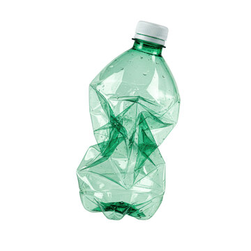 heavily crumpled deep jade green single-use plastic bottle with a white screw cap, residue, and sharp textures, isolated on a stark white studio background, hyper-photorealistic still life concept of