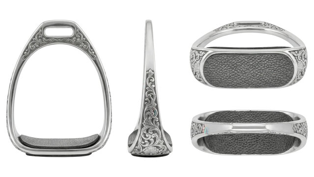 Silver Equestrian Stirrup Iron Set: Close-up Views of Horseback Riding Equipment with Intricate Ornate Detail & Textured Foot Pad on White Background