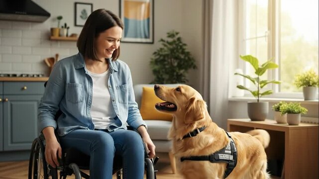 cheerful caucasian woman in wheelchair laughing with golden retriever service dog in modern kitchen. disability lifestyle and animal assistance concept.