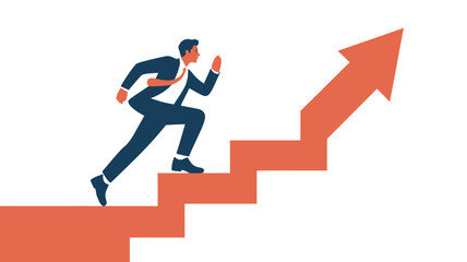 A businessman in a suit is running up the stairs with an upward arrow, symbolizing career growth and success.