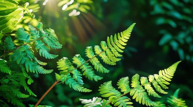 Lush green ferns illuminated by sunlight in a forest environment  