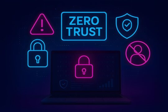 Zero trust cybersecurity concept with glowing icons of padlocks, shield, warning triangle, and restricted access, futuristic neon digital illustration symbolizing secure systems.
