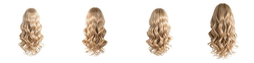 Fototapeta premium Set of Four Long Blonde Wavy Hair Swatches for Professional Salon Hair Extensions Isolated on White Background