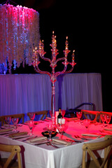 The elegant decoration of the ceremony hall, carefully thought-out table settings with a gilded candelabra, and spectacular lighting