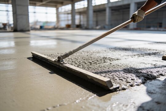 Construction worker smoothing wet concrete floor with a screed tool on a sunny day