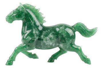 Fototapeta premium Green jade horse figurine on white background. Decorative gemstone sculpture representing strength, speed and good fortune. Asian art, good luck