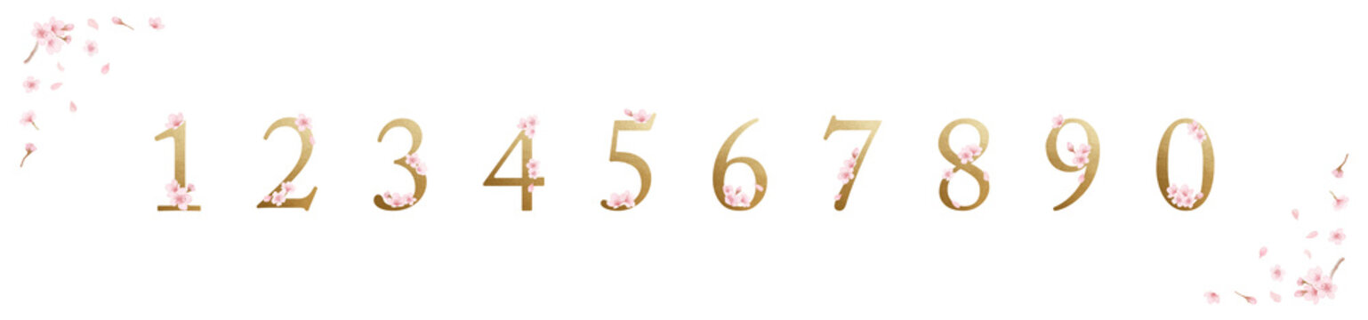 Elegant watercolor cherry blossom number gold and ampersand set, uppercase letters with sakura-300dpi-The font is Adobe Caslon Pro.