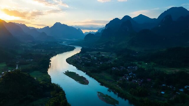 nong khiaw river aerial asia video