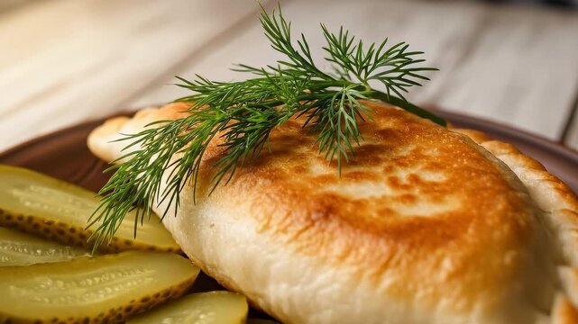 Golden fried pastry with dill and pickles on wooden table in warm natural light