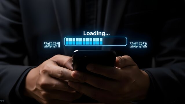 Person holding smartphone with futuristic loading screen between years 2031 and 2032.