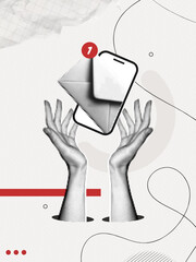 Obraz na płótnie Canvas Trendy Halftone Collage Hands with Phone and Envelope with one notification. New message or letter in email. Online communication. Social media marketing. Contemporary vector illustration art