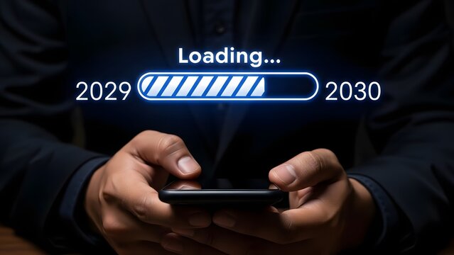 Person using smartphone with loading screen showing 2029 to 2030 transition