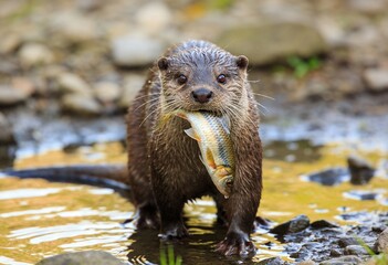 Otter Standing on Riverbank with Fish in Mouth
