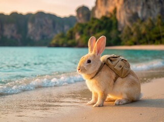 Peaceful Animal Travel Concept with Rabbit on Beach
