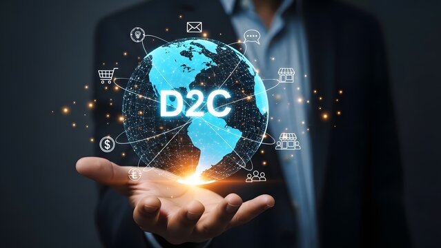 Businessman holds virtual globe with d2c concept in augmented reality interface