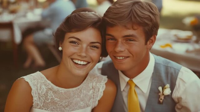 Cheerful young partners sharing tender moment outdoors. Retro 1960s vintage wedding party capturing true happiness, elegant bride and groom whispering lovingly.