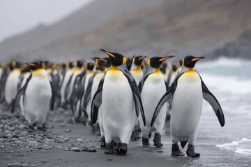 Fototapeta premium Numerous king penguins walking along the beach at St Andrew, showcasing nature's beauty in a remote coastal setting with rocky terrain and gentle ocean waves