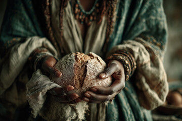 Hands of a Black woman holding warm bread in a cozy kitchen