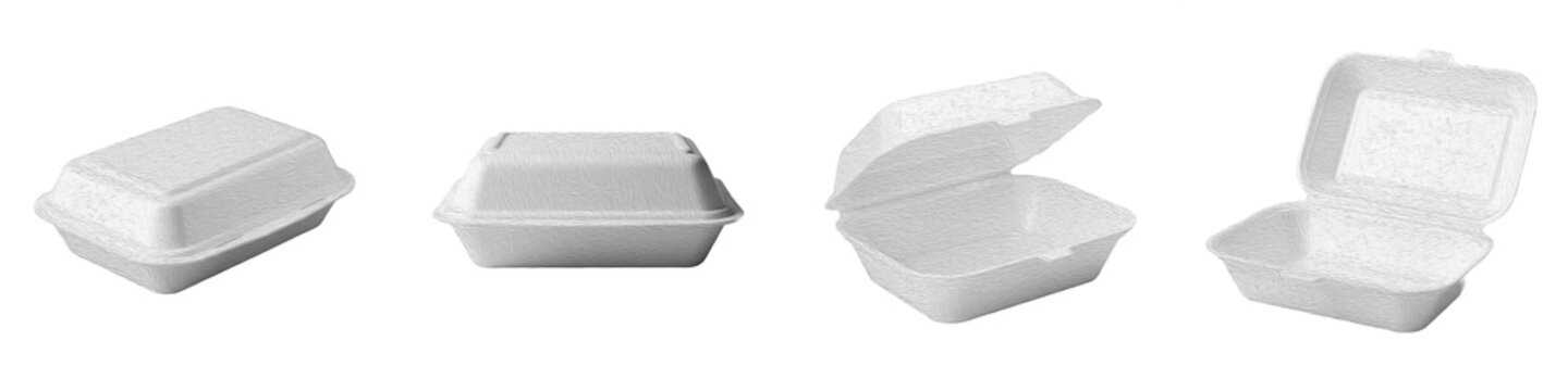 Styrofoam Takeaway Food Container Mockup Collection Blank White Disposable Clamshell Set Isolated White Background PNG Cutout Digital Design Asset