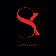 Modern SK Letter Logo Design Monogram Template with Red S and Black K Serif Typography; Professional Brand Identity Icon for Corporate Business, Legal Firm, Luxury Agency, Fashion.