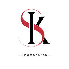 Modern SK Letter Logo Design Monogram Template with Red S and Black K Serif Typography; Professional Brand Identity Icon for Corporate Business, Legal Firm, Luxury Agency, Fashion.