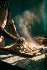 Hands skillfully kneading dough in a sunlit kitchen at dawn