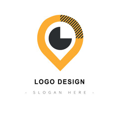Minimalist Location Pin Logo with Geometric Circle Icon and Textured Line Patterns in Yellow and Black for Modern Real Estate Branding Interior Design Agency and Business Identity