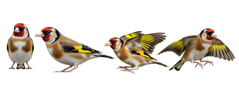 Sequence of a European Goldfinch in four different poses isolated on a white background.