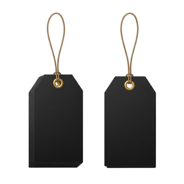 Two black gift tags with gold clasps hanging from a loop on a white background. isolated on transparent background