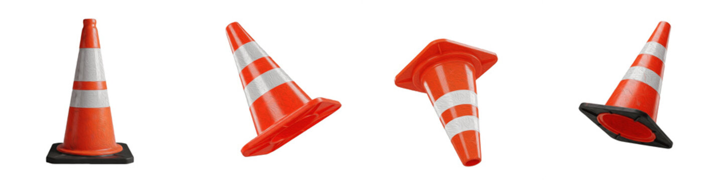 3D Traffic Safety and Construction Cone Collection Orange and White Striped Road Caution Set Isolated White Background PNG Cutout Digital Design Asset