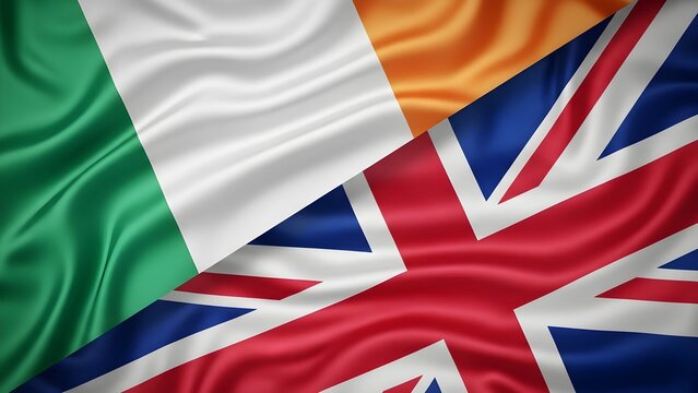 Detailed illustration of the Irish and United Kingdom flags diagonally intersecting fabric waving in the wind