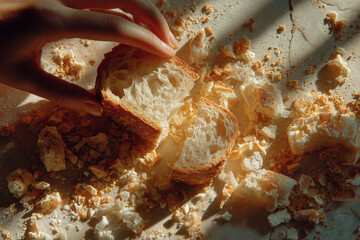 Delightful ritual of breaking fresh bread in warm afternoon light