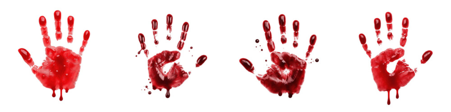 Bloody Handprint and Splatter Collection Red Horror Crime Scene Elements Realistic Drips and Smears Isolated White Background PNG Cutout Digital Design Asset