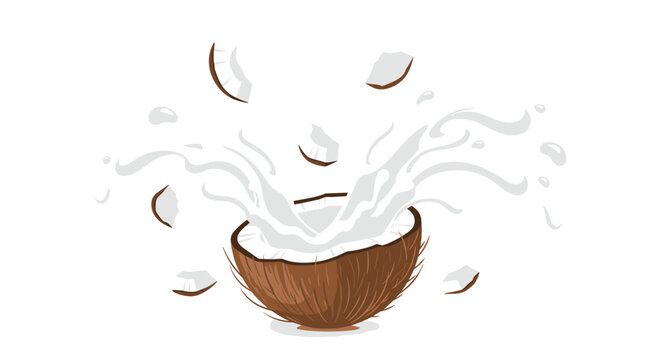 Dynamic splash of fresh white coconut milk bursting from a cracked coconut with scattered pieces, vibrant and natural