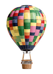 Naklejka premium Colorful Hot Air Balloon with Patchwork Pattern and Wicker Basket, Isolated on Transparent and White Background