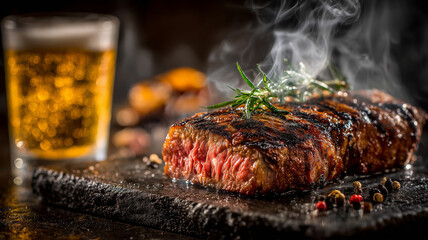 Sizzling steak with herbs and a cold drink creating an inviting atmosphere