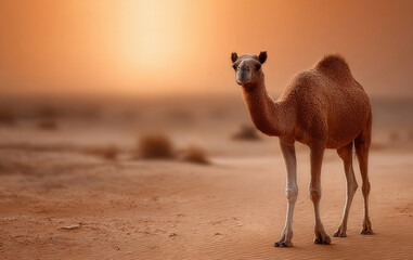 A camel silhouette on a warm desert yellow background, Sahara travel concept