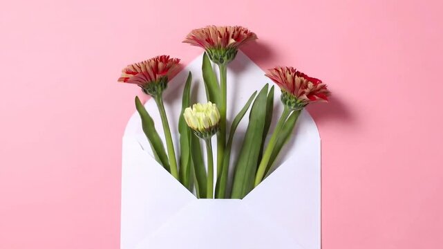 Red Flowers Emerging from White Envelope Stop Motion with Copy Space