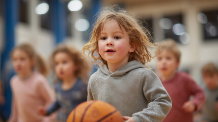 Young children enjoy basketball in a lively gym during a fun sports activity