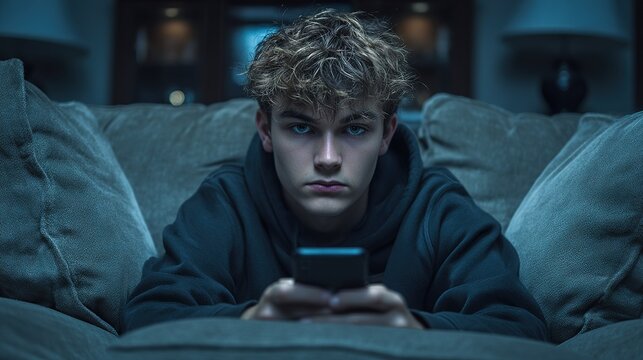 Teenager sits on couch with phone at night in dim lighting, focused on screen while surrounded by cozy indoor space