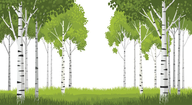 Serene birch trees with distinctive white and black bark framing an open path in a lush green forest, creating a