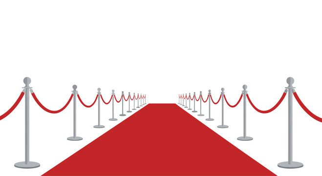 Elegant red carpet extending into the distance, flanked by polished silver stanchions with velvet ropes, symbolizing a