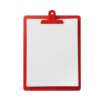 A red clipboard with a blank white sheet of paper attached to it. isolated on transparent background
