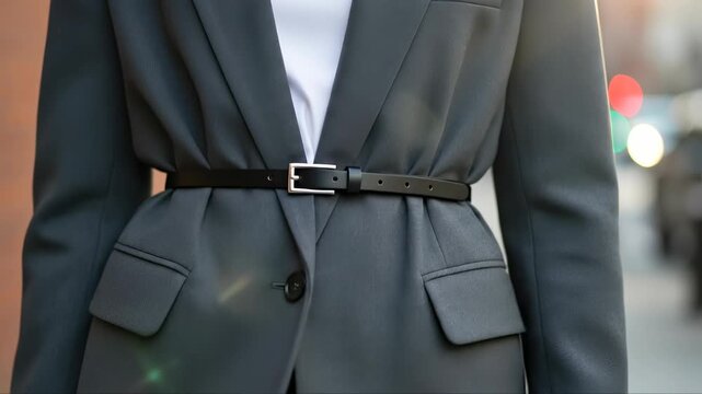 Stylish urban fashion walk: closeup of woman in gray suit walking down city street