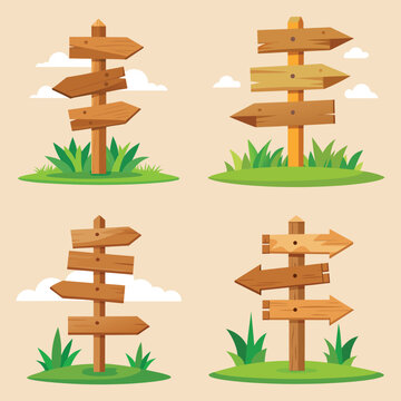 Four wooden directional signs with multiple arrows on grassy areas