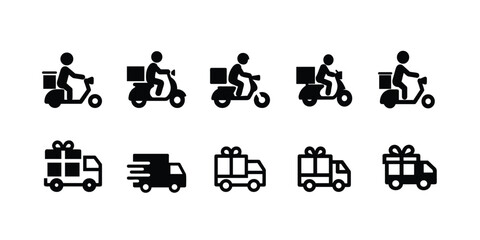 Delivery service silhouette icon set, courier on scooter and motorbike, shipping truck with gift box symbol, logistic transportation vector illustration. © Purnima