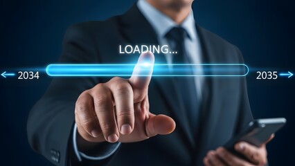 Obraz premium Person's finger touches a futuristic loading bar between the years 2034 and 2035 on a screen.