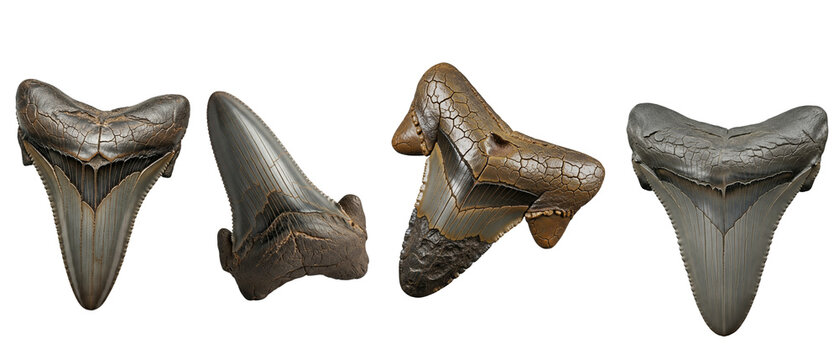 Set of four ancient fossilized megalodon shark teeth isolated on a white background.