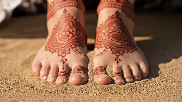 Hennaadorned feet gently burying in sunlit beach sands